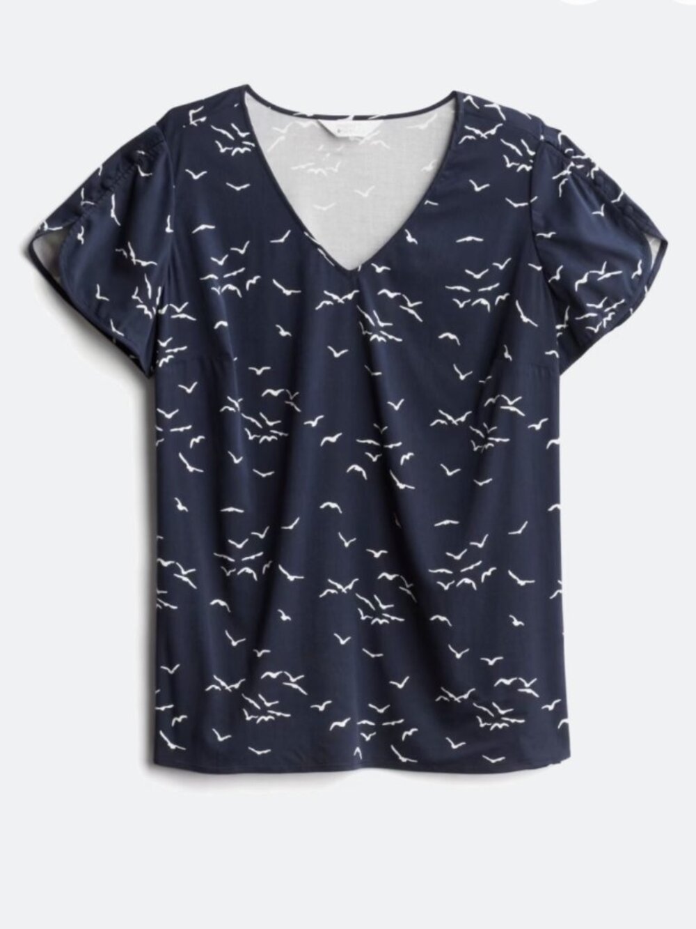 Market & Spruce | Button Sleeve Blouse | Navy White Bird Print | 1X